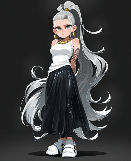 <lora:zettonamo888C:1> zettonamo888,
(masterpiece), (best quality), (ultra-detailed), amazing quality, very aesthetic, illustration, perfect composition, intricate details, absurdres, incredibly absurdres, shiny skin, realistic,
 zettonamo888, 1girl, solo, long hair, jewelry, grey hair, earrings, grey eyes, full body, very long hair, ponytail, pants, long skirt, arms behind back, sleeveless, standing, black pants, white footwear, black background, tattoo, looking at viewer, shirt, white shirt, closed mouth, sleeveless shirt, breasts, black skirt, general