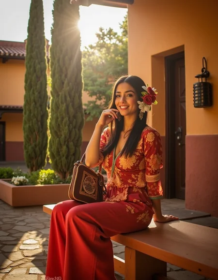 <lora:MexicanGFSV2:0.8> mxgfv2, analog photography, analog photo, ultra quality, ultra detailed image, ultra realistic, ultra lighting, cinematic, cinematic lighting, a beautiful  Mexican woman in a patio of a beautiful hacienda, in a town square sitting on a bench, god rays on her face,  wearing Mexican blouse, Mexican loose pants, Mexican huaraches, holding a beautiful Mexican purse, loose hair, with beautiful flowery adornment  on her hair,  looking at the camera, seductive smile, ultra detailed textures