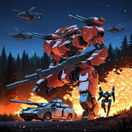 night-time, forest setting, city line in the distance, burning trees, small soldiers, masterpiece, best quality, amazing quality,  detailed background, embers, raging fires, mecha, Armored core style mechs, Angular head, long neck, humanoid arms, sleek metal  body, well proportioned body, smooth metal,  holding a rifle with both arms, firing rounds, mono eye, single horn on head, glowing Green eye, Red colored mech, side view, heavily armored humanoid legs, on one knee, taking aim and firing the rifle, shoulder mounted missile pods on the mechs shoulders, Detailed hands, Wrecked vehicles, destroyed tanks, helicopters flying in the air, mech focus, running while firing