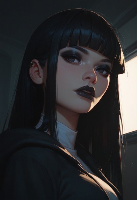 score_8_up, score_7_up , score_9, black hair, long hair, blunt bangs, solo, black eyes, dynamic lighting, goth, eyeshadow, black lipstick, medium breasts, white shirt, black hoodie,  pleated skirt, standing, dynamic angle, night, (face close-up:1.4),leaning, cheeky