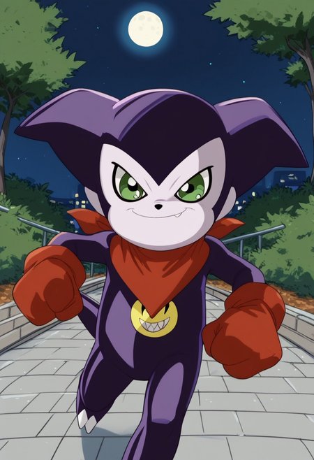 score_9, score_8_up, score_7_up, highly detailed, CuteCartoonStyle, cute boy, digimon (creature), solo, purple skin, green eyes, red bandana, red gloves, tail,  at night, full moon, running, motion blur, smug smile, park