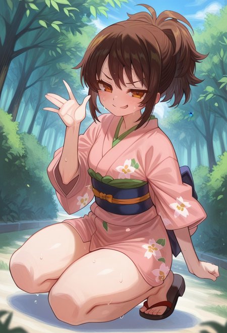 1girl, solo, smug face, brown eyes, medium breast, thick thighs, sweating , extreme detail ,small breast , cute female face, beautiful face, perfect face, , 1girl,Brown hair, brown eyes, short hair, ponytail, Japanese clothes, pink kimono, sash, obi, young, cute, extremely cute, petite, perfect young face, small breasts, looking at viewer, park outdoors, BREAK ((ultra-detailed)), ((best quality)), ((beautiful eyes)), ((extremely detailed)), 4K, (8K), best quality, (beautiful), Master piece, highres, best quality, official art, highres, masterpiece, detailed background, high quality background, flat color, full body , short dress, sandals