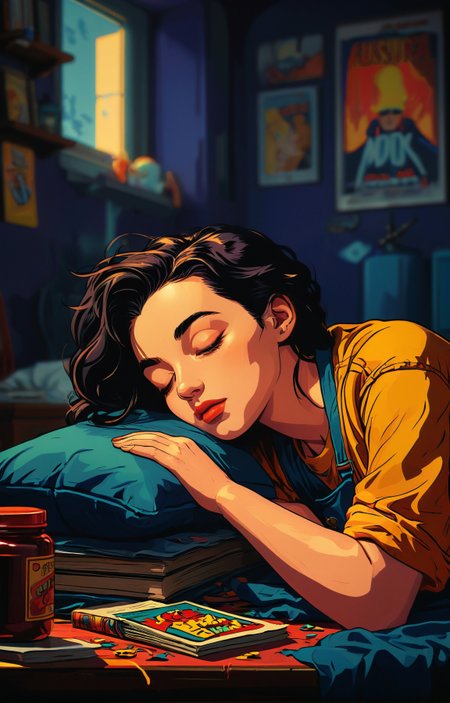 analog film photo of (impactful color paint of) Photorealism aesthetic, comic book style, vivid colors, with a sleepy expression, stunning background. dark and moody, a mesmerizing blend of light and shadow. masterpiece, absurdres, intricate details <lora:Modern_Cartoon_Style:0.6>, faded film, desaturated, 35mm photo, grainy, vignette, vintage, Kodachrome, Lomography, stained, highly detailed, found footage