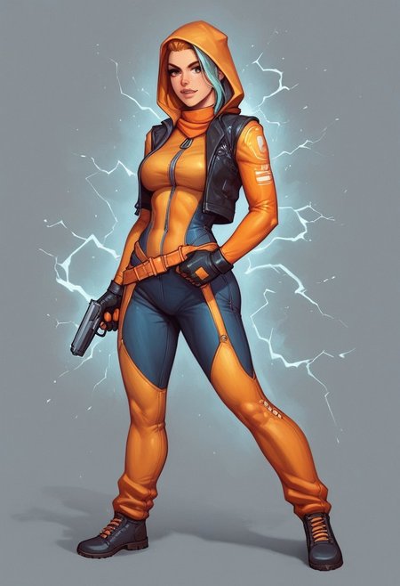 (1girl), dynamic pose
Lyra's iridescent jumpsuit shimmers like a moonlit lake, with neon pink and electric blue accents. Her hair crackles with electricity, styled in loose waves. Eyes burn like hot coals in fiery red and orange
((((full-clothed)))), ((long big pistol in hands, handgun in hands))
BREAK 
((strange world background)) score_9, score_8_up, score_7_up, score_6_up, source_cartoon, rating_explicit, Expressiveh, (((((full body))))), dynamic pose