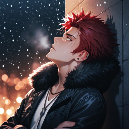 masterpiece, best quality, amazing quality, absurdres, newest, detailed background, definition so sharp, Ultra-HD, 8K cinematic, very awa, impressionate, amazing quality, highres, 
solo, male focus, manly, shadow, shiny skin, bokeh, warm light, light particle,
1boy, spiked hair, short hair, mikoto_red hair, mikoto_yellow eyes, mikotosuoh, black jacket, fur trim, v-neck, white shirt, necklace, ear piercing, crossed arms, calm face, profile, heavy breath, night, looking up, snowing