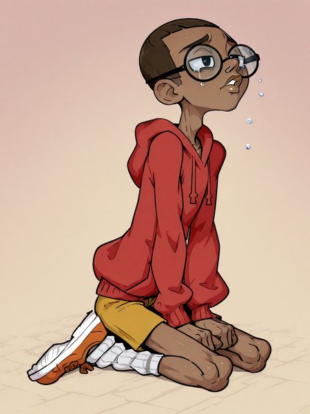 tonerostyle,CameronTDROTI, 1boy,solo, dark skinned male, slim, skinny, brown hair shaved in a crewcut, black eyes, black round frame glasses, red pullover hoodie, mustard yellow shorts, white striped tube socks, orange sneakers, lips, big lips,seiza,tearful,<lora:Cameron:0.8>,<lora:Tottotonero:1.0>