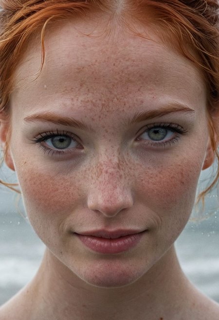 The Closeup Portrait of a beautiful freckled redhead yukip Girl, blushed smile, (ivan aivazovsky:0.1), (best quality, high resolution, extreme detail, outstanding composition, perfect boobs, masterpiece:1.4), award winning, pureerosface_v1 , (aesthetic of conceptual art with volcanic atmosphere:0.5), screen space reflections (ssr), absolute sharpness, f/11, symmetry and balance, distinctive breathtaking magnum with delicate details, (autumn colours:0.1), epic shot, action shot, foggy, moody picture, soft shading, (vacations, high resolution:1.3), (small, selective focus, european film:1.2), (sexual advance:1.1),in the style of Kelly Slater ,style by Kelly Slater, style of Kelly Slate,art by Jeremy Mann