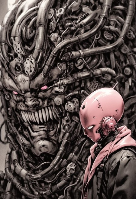 Monochrome with color spots, photo in phst artstyle, mechanical parts, wires, cables, cyberpunk, closeup portrait of Majin Buu with a half robot face, pastel pink/white colored, closeup photo of an wired-cyborg Majin Buu with half robot face wearing a black high collar parka with technical macro writing resembling an Dragonball on the back, solo, man, high collar parka, upper body,, male focus, long hair in wind, fists, clothes writing, crepuscular rays, volumetric lighting, ultra detailed, deep Blacks, very detailed, atmospheric haze, Film grain, cinematic film still, shallow depth of field, highly detailed, high budget, cinemascope, moody, epic, OverallDetail, 2000s vintage RAW photo, photorealistic, candid camera, color graded cinematic, eye catchlights, atmospheric lighting, imperfections, natural, shallow dof