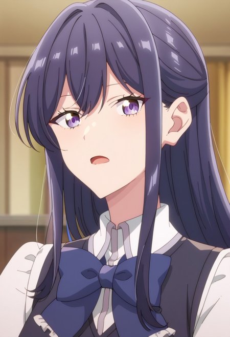 score_9, score_8, score_7, source_anime, izumi shiho, portrait, bow, closed mouth, blurry background, indoors, bowtie, looking at viewer, open mouth, vest, anime coloring