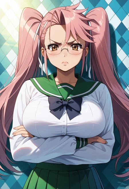 score_9, score_8_up, score_7_up, 1girl, solo, looking at viewer, anime coloring, upper body, close-up, portrait, mature female, 
<lora:Saya_Takagi_Dwnsty:0.8>, saya_takagi, pink hair, brown eyes, long hair, twintails, glasses, hair ribbon, school uniform, serafuku, green skirt, pleated skirt, black bowtie, long sleeves,
lips, large breasts, skindentation, double v, annoyed, blush, crossed arms, 
sunlight, abstract background, argyle background, rainbow, heart, 
 <lora:Hotd_Artstyle_Dwnsty:0.7>