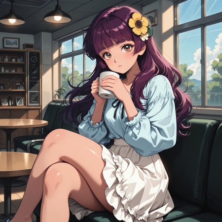 masterpiece, best quality, amazing quality, very aesthetic, absurdres, newest, 8k, BV-Illu, realistic, k3monogo, pinkretroanime, retro art,
BREAK, 
1girl, solo, long hair, looking at viewer, puffy shirt, brown eyes, upper body, purple hair, yellow flower hair ornament, blunt bangs, holding coffee mug, legs crossed, frilly white skirt, flip-flops,
BREAK, indoors, cafe, table, seat, coffee mug, daylight, window, dynamic lighting, detailed background, dramatic lighting, depth of field, volumetric lighting