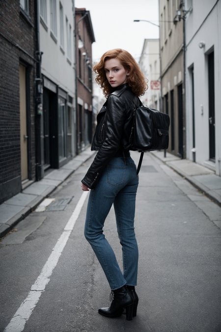 1950s Rebel  \(style\)  photo of fit, thin  21 year old  jp-Kraasni-50 ,Sleek straight hair, dark eyeliner, bold brows, Leather jacket, skinny jeans, white tee, Back alley, motorcycle, neon lights, Nikon Z50, 24mm f/1.8, 1/40s, ISO 500, CineStill BWXX