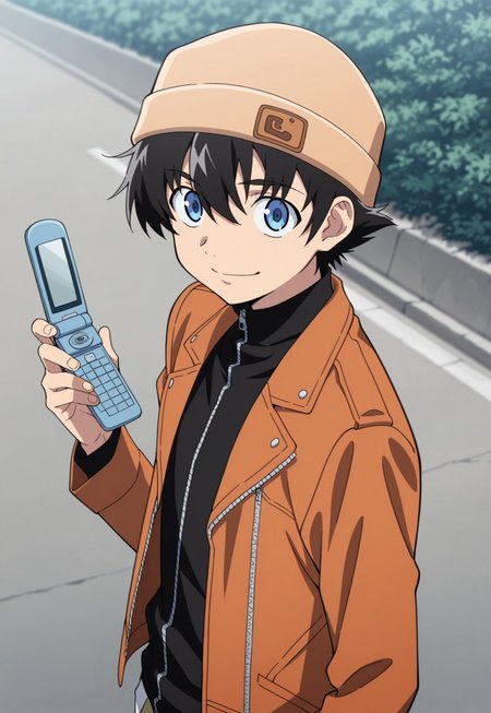 masterpiece,best quality,amazing quality, source_anime, 

YukiteruAmano, 1boy, male focus, solo, blue eyes, black hair, beanie, brown headwear, black shirt, turtleneck, zipper, jacket, brown jacket, open jacket, flip phone, smile, determined, outdoor, looking at viewer,