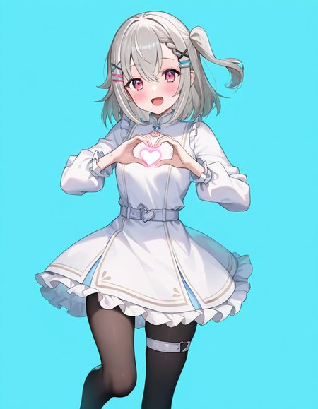 1girl, 
solo, looking at viewer, smile, simple background, white background, heart hands, standing, :d, short dress, black pantyhose, x hair ornament, medium hair, hair between eyes, frilled dress, sidelocks, hairclip, h1e \(elnicon girls\) \(cosplay\), small breasts, hair ornament, breasts, one side up, white dress, open mouth, cosplay, pantyhose, blush, pink eyes, thigh strap, grey hair, standing on one leg, virtual youtuber, heart, cowboy shot, long sleeves, frills, dress, legs up,
masterpiece, best quality, very aesthetic, newest, absurdres, incredibly absurdres
 <lora:hle:1>