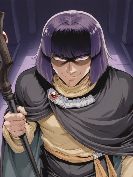 1boy, mature male, solo, slayers_try_version_xellos, purple hair, bob cut, purple eyes, shaded face, two eyes open, staff, wizard tunic, wizard pants, boots, cape, closed mouth, evil smile,upper body,looking at viewer,idol stage,sinderellaart12,<lora:Xellos:0.8>,<lora:SinderellaArt:1.0>