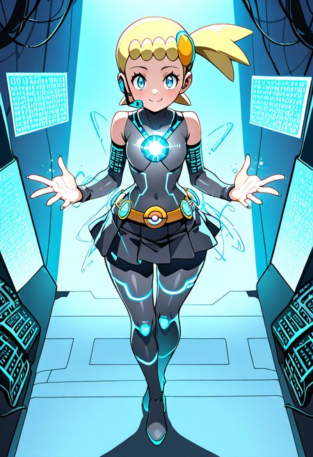 masterpiece, best quality, solo, curvy, beautiful eyes, narrow waist, wide hips, 1girl, solo, smile, looking at viewer, dynamic angle, foreshortening, close up,    zzBonnie, bonnie_(pokemon), blue eyes, ahoge, blonde hair, hair ornament, short hair, side ponytail,  ,<lora:BonniePokemonIXL:1.0>, [Plasma Circuit Idol], holographic bodysuit with panel seams, translucent pleated skirt, thigh-high boots with circuit patterns, static-charged hair puffs, glowing mic headset, binary print sleeves, arc reactor belt buckle, neon gel nails, digital concert stage, particle effects, confident wink, pulsing lights,
