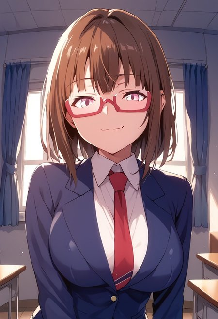score_9, score_8_up, score_7_up,at room,indoor, moonlight,night view,chitose, female, red glasses, brown hair, pink eyes, school uniform,ties, smirk