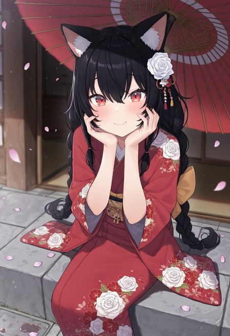 masterpiece,best quality,amazing quality,
1girl, animal ears, solo, red eyes, japanese clothes, kimono, braid, umbrella, hair ornament, flower, hair flower, oil-paper umbrella, black hair, smile, long hair, looking at viewer, blush, twin braids, hands on own face, sitting, virtual youtuber, hands on own cheeks, white rose, white flower, obi, sash, petals, rose, bangs, floral print, hair between eyes,
 <lora:Kindatsu_epoch_10:1>