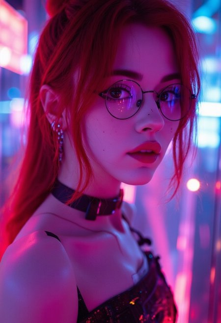 This is a digital illustration rendered in a highly stylized, hyper-realistic CGI (computer-generated imagery) style, characterized by vibrant neon colors and smooth textures. The subject is a young woman KTNK with a fair complexion and an athletic build. She has her red hair styled in a sleek, high bun. She wears round, thin-rimmed glasses that reflect the neon lights around her, adding to the futuristic ambiance.