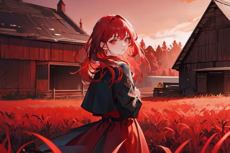 (otherworldly), highly insanely detailed, masterpiece, top quality, best quality, highres, 4k, 8k, RAW photo, (very aesthetic, beautiful and aesthetic), farm, fields, barn, fence, fantfa, <lora:FantasyFarm-10:0>, 
1girl, 
(fiery red hair ), 
(warm maroon background),âââ