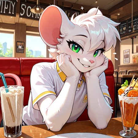 masterpiece, best quality, newest, absurdres, highres, furry, perfect anatomy, Reggie,1boy,solo,furry male,mouse,green eyes,short hair, white hair,body fur,white fur, white polo shirt, sitting, restaurant, dating pov, date, dinner date, shoulders on table, hands on cheeks, looking at viewer, smiling,