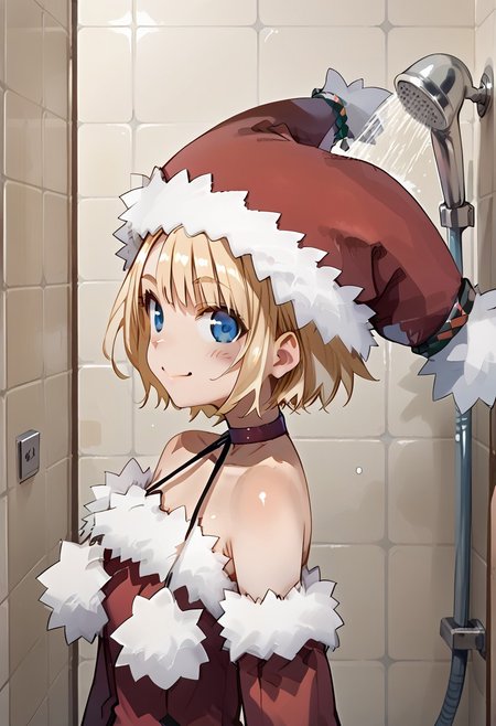 score_9, score_8_up, score_7_up,
source_anime,zPDXL3,
BREAK  
1girl_Witch, solo,fur-trimmed sleeves, hat, pantyhose, fur-trimmed dress, fur-trimmed red clothes, fur-trimmed headwear, fur-trimmed boots , red footwear, bare shoulders, pom pom \(clothes\), choker, detached sleeves,
smile,blush, blush stickers,
closed mouth,,
BREAK 
soro,
hands on cheek,
shiny skin, shiny, oily skin, oily face,shiny face, 
shower room,
extremely detailed , detailed background,
upper body,
from side,
looking at viewer