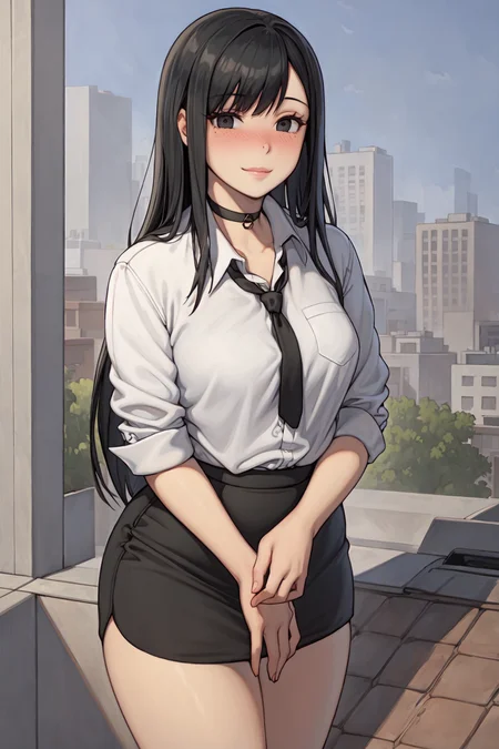 best quality, masterpiece, detailed background, highly detailed, intricate, detailed face, long eyelashes, detailed eyes, (standing:1.1), (thick thighs:1.0), (small breasts:1.0), (city, rooftop:1.3),

(one girl:1.2), (1girl:1.1), (solo:1.4), (black eyes:1.2), (black hair:1.3), (long hair, straight hair:1.1), (thick lips:1.3), (choker:1.1), (pale skin:1.0),

(office lady, white shirt, black tie, black pencil skirt:1.3),

(light smile:1.2), (blush, nose blush:1.2), <lora:ChelodoyStyle-V1R1-Fixed-8:1>