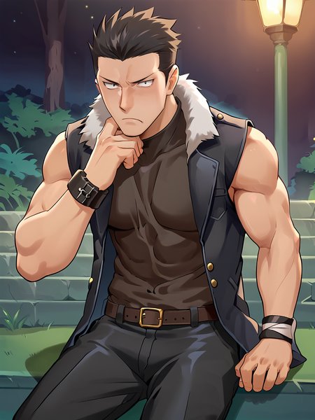 score_9, score_8_up, score_7_up, hires, cowboy shot, anime screenshot, official art, BREAK,
NSFW, 1boy, solo male,
<lora:Komaba_Ichirou_Silver_Spoon:0.8> k0maba, black hair, black eyes, 
sleeveless, black compress shirt, tight shirt, sleeveless coat, black coat, open coat, ((fur trim, large fur trim)), leather pants, black pants, black bracelets, black bandages on wrist,
abs, pecs,
sitting down, leaning forward, hand on chin, scoff,
looking at viewer, disgust, 
 <lora:Smooth Anime 2 Style SDXL_LoRA_Pony Diffusion V6 XL:0.7>