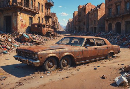 rusty luxury car, abandoned city, wasteland, landfill, trash, sophisticated, digital painting, Darek Zabrocki, concept art, fantasy art, ultra-realism, <lora:Bold_Pop:0.7>, professional shot, crystal clear