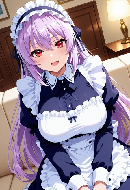 general,highres, ultra-detailed,very aesthetic,best quality ,best hands,best eyes,easynegative,
dynamic anglre, dutch angle, anime cloring,
1girl solo,looking at viewer,indoors,bedroom, smile, open mouth, sitting sofa,
Nir,lilac hair, long_hair, red eyes, large_breasts, headdress,maid costume,