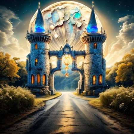 realistic analog photo, award winning photo, GoldMoonstoneWorld witow, no humans, scenery, blue sky, road, nature, outdoors, RAW, highres, 8k, uhd, High Dynamic Range, tonemapping, crisp details, portcullis,