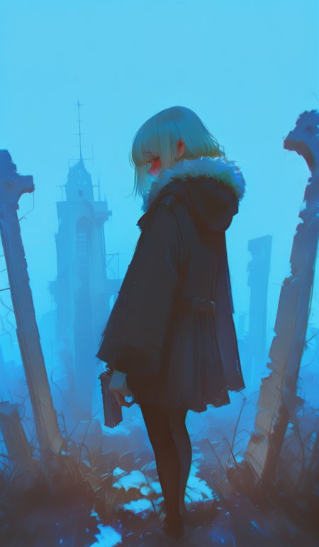masterpiece, best quality, very aesthetic, dynamic composition, sketch, traditional media, abstract, abstract background, painting \(medium\), no lineart, adventurer_(ff11),embarrassed,Standing, 1girl, ruins, solo, chromatic aberration, building, from behind, fur trim, outdoors, standing, post-apocalypse, jacket, holding, overgrown, rubble, coat, gun, facing away, pantyhose, hood, hood down, city, long sleeves, weapon, [blue theme, holding gun