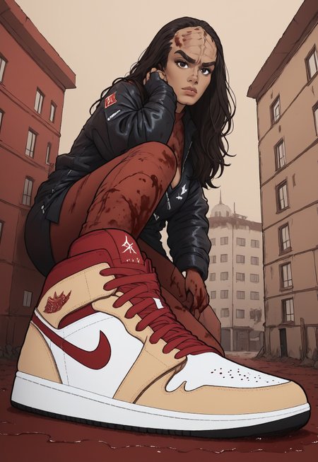 safe_pos, score_9, score_8_up, score_7_up, 18 year old female kling0n alien, large forehead ridges, large eyebrows, brown skin, space station background, hud_sh03_sh0w, foreshortening, looking at viewer, sneakers. Nike, shoes covered in blood, puddle of blood, wearing leather armor with cleavage cutout