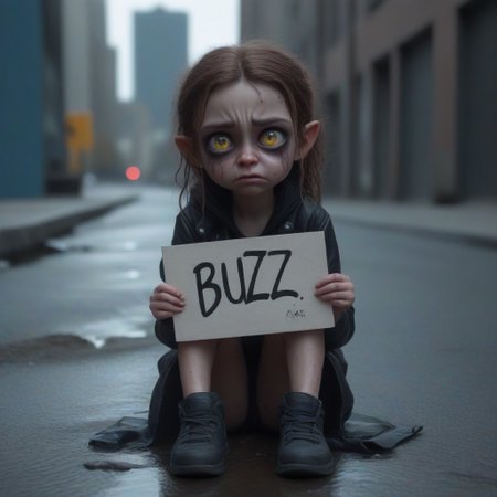 A young demon girl is making a cute sad face with watery eyes, she holds up a sign that says "BUZZ PLZ", she is sitting on her knees looking up at the viewer, she sits on the curb of a dystopian future