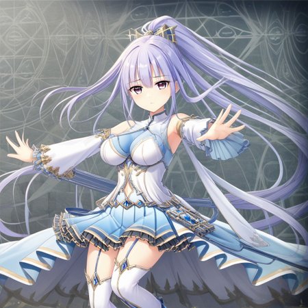 Masterpiece, best quality, ultra HD,thighhighs, gatterbelt, ponytail,stren face, break, blue hair, white thighhighs, breasts, long hair, looking at viewer, blue boots,sit down