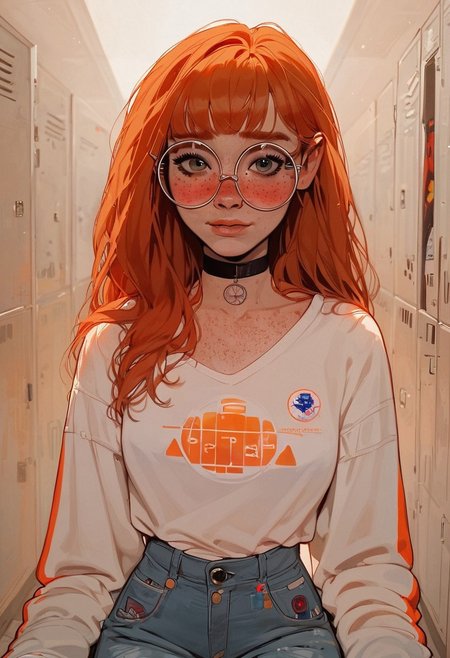 safe_pos, score_9, score_8_up, score_8_up, 1 Caucasian ginger girl, 1 girl, ginger hair, ((long hair)), ((bangs)), straight hair, choker, portrait, nervous, in locker room, blushing, happy to see viewer, POV, round aesthetic glasses, ((freckles, streetwear, oversized jeans)), average tits, teardrop shaped tits, fit body, thin waists, beautiful, day lighting, negative_hand, g0thicPXL, GTA