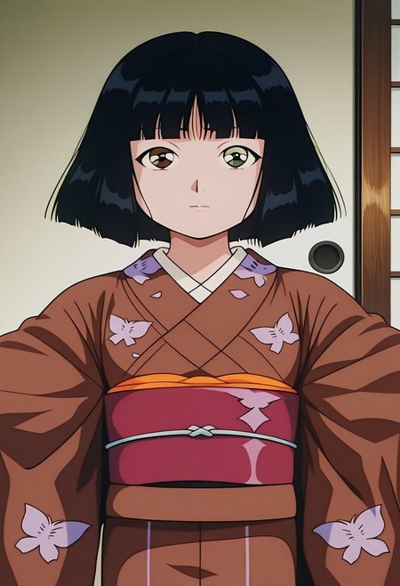 score_8_up, score_7_up, anime screencap, anime art style, best quality, hyper detailed,masterpiece, ruri madarame, bob cut, short hair, black hair, odd eye, (right brown eye:1), left green eye, japanese clothes, kimono, brown kimono, ruri madarame, odd eye, 1girl, solo, sash, bangs, obi, looking at viewer, closed mouth, blunt bangs,