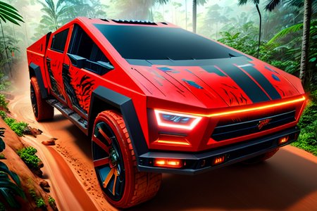 <lora:forestoftemptation_Lora300:1> digital painting of a dark cybertruck  in a jungle, splashes of red color, tiger claw marks,  highly hyper detailed and intricate environment. epic. depth of field. 8K.