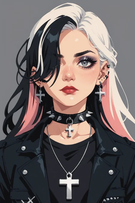 1girl, jewelry, multicolored hair, solo, cross, black hair, earrings, necklace, white hair, hair over one eye, two-tone hair, choker, piercing, looking at viewer, long hair, ear piercing, grey background, simple background, grey eyes, jacket, upper body, cross earrings, black choker, cross necklace, closed mouth, collarbone, collar black jacket, makeup, eyelashes, one eye covered, black eyes, red  streaked hair, black shirt, portrait, open jacket, open clothes, goth fashion, shirt, eyeshadow, breasts, latin cross, cross choker, expressionless, spiked choker, lipstick, pink  black collar, split-color hair, pendant, , nose, parted hair, spikes,, zPDXL3,  PnyCmicXLPOS, detailxl,  (lineless, vector art:1.5)