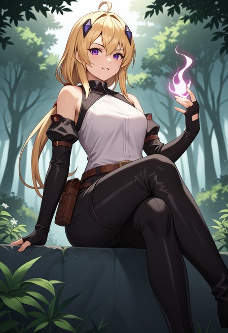 zPDXL3, score_9_up, score_8_up, score_7_up, (Anime_source), 1girl, Ines, purple eyes, blonde hair, long hair, low tie ponytail, parted lips, STANDING ON WHITE BACKGROUND, air_bow, red_bow, red_ribbon, bare_shoulders, elbow_gloves, belt, bet_pouch, fingerless_gloves, shirt, detached_sleeves, black_shorts, thigh_boots sitting_pose, hand_on_own_knee, hand_on_own_thigh, hand_on_own_chin, crossed_legs, looking_at_viewer, pout, slight_smile, light_blush, parted_lips, amaranth_forest, towering_trees, glowing_mist, bioluminescent_flowers, peaceful_wildlife, ethereal_light, mystical_vibes, tranquil_aura, vibrant_foliage, glowing_fog, magical_atmosphere, fantasy_nature, painterly_style