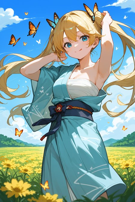 (score_9, score_8_up, score_7_up) BREAK source_anime, 1girl, solo, blue eyes, blonde hair, long hair, twintails, floating hair, medium breasts,  japanese clothes \(hadanugi\), print kimono, sarashi, smile, tongue out, looking at viewer, cowboy shot, arms up, standing, outdoors, flower field, bug, butterfly, day, blue sky, <lora:hadanugi_dousa_v1:1>