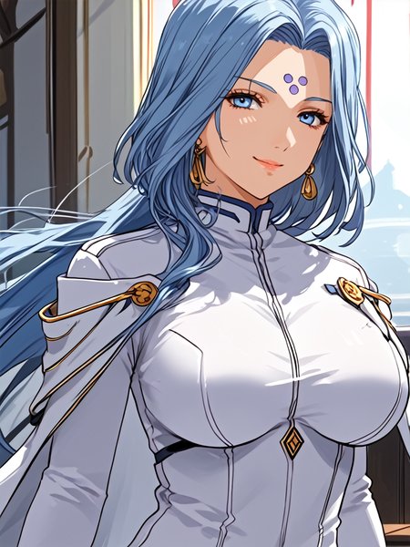 <lora:Expressive_H-000001>,Expressiveh,sexy posture,an evil smile,<lora:linde.pony:1>,1girl,solo,forehead mark,facial mark,blue eyes,blue hair,white gloves,long hair,white bodysuit,cape,breasts,gloves,earrings,jewelry,