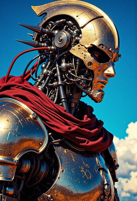 ajchrobo, An ultra-detailed sci-fi portrait pushing the boundaries of artistic precision, featuring a mechanical knight forged from futuristic robotic components.  Its surface exhibits advanced material properties, including subsurface photon scattering in shaded joints and razor-sharp specular reflections along high-tension edges. Chrome-gold trim contains thousands of micro-engraved vignettes depicting the knight’s machine-age battles, each panel no larger than a grain of sand, executed with nano-scale precision. The armor’s blade-like spikes spiral outward with mathematical symmetry, following the golden ratio and etched with nano-serrations reminiscent of advanced weapon-grade alloys. The helmet is an engineering marvel, with each curved horn segmented into hundreds of concentric rings, their interiors housing crystalline optics that refract light into infinite internal reflections. The cloak, made of adaptive smart-fabric, flows with simulated fluid dynamics, its weave composed of thousands of dynamic threads that shift color subtly through deep reds and metallic shades as light passes over them. He stands beneath a radiant blue sky with few clouds drifting overhead, the bright daylight casting sharp contrasts across his high-tech armor, illuminating every microscopic detail with stunning clarity.