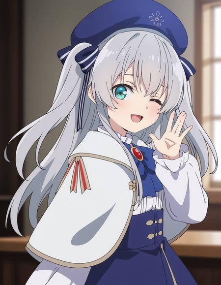 score_9, 1girl, solo,
claire, celia claire, aqua eyes, grey hair, long hair, two side up, small breasts, <lora:seirei_gensouki_-_ celia_claire:1>
blue headwear, beret, brooch, blue bowtie, white capelet, white shirt, long sleeves, high-waist skirt, blue skirt, 
looking at viewer, twisted torso, hand up, looking back, from behind,  from side, 
blush, smile, one eye closed, ;d, open mouth, 
motion lines, 
indoors, blurry background, depth of field,