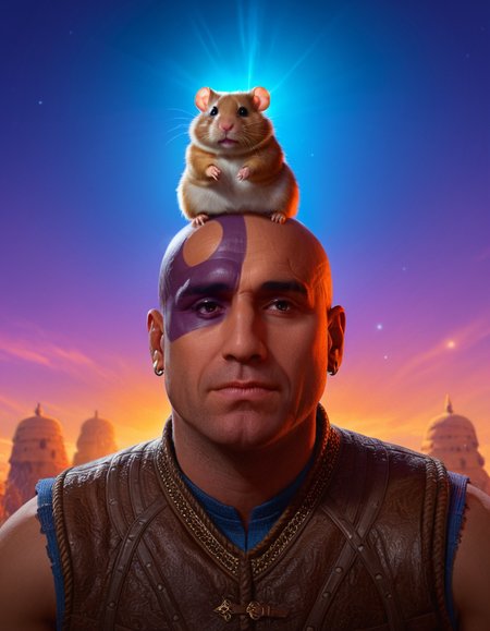 cinematic still 1man, solo, bald, hampster sitting on head . emotional, harmonious, vignette, 4k epic detailed, shot on kodak, 35mm photo, sharp focus, high budget, cinemascope, moody, epic, gorgeous, film grain, grainy, 1man, solo, bald, hampster sitting on head, glowing, crisp, extremely detailed, beautiful, intricate, cinematic, artistic, sharp focus, dramatic ambient light, highly detail, striking, flawless composition, elegant, full color, creative, positive, cheerful, unique, attractive, cute, fine, surreal background, iconic, vibrant colors, radiant, magic