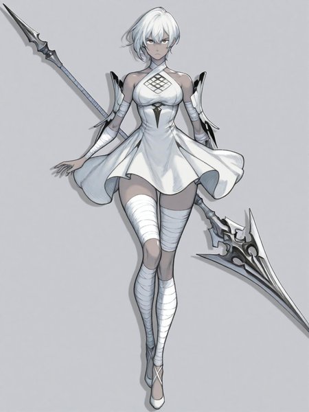 1girl, light skin, white hair, (short hair:1.1),serious expression,holding a large, stylized spear, (detailed clothing:1.2), light gray and white dress with segmented armor, bandages wrapped around legs, (accessories:1.1), (shoes:1.1), centered in frame, facing viewer,