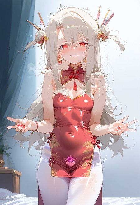 score_9, score_8_up, score_7_up, source_anime,
(masterpiece), best_quality, 1girl, 
middle busts, pubic tattoo, jewelry earrings, sadistic smile, steam, sweat, wet body, trembling, blush, nail polish, looking at viewer, silk choker, jewelry accessories, hair ornament, coverd pink pubic tattoo, medium breasts, red latex, 
Expressiveh
illyasviel von einzbern, long hair, (red eyes:1.5), white hair,
jyojifuku, china dress, skirt
shiny skin, shiny
White pantyhose