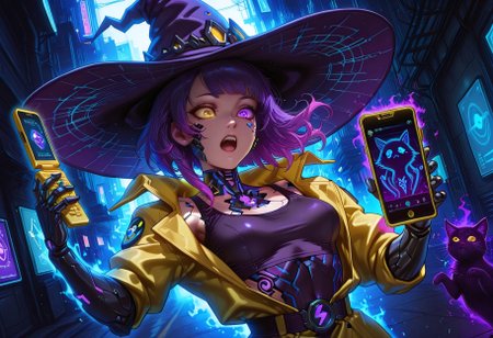 two figures, action scene, focus on a giant blue smoky glowing techno (g3nie) rises from a witch's phone, filling the scene, from the cell phone of a technomancer witch, slim, upper body, heterochromia, cyberpunk aesthetic, glowing yellow and purple circuit tattoos, tank top, one augment metallic arm, B34ut1ful 4ndr01d, cybernetic, surprised face, swirling yellow trench coat, etched with circuitry, big witch's hat, neon-lit outdoor environment, holographic cat familiar hisses, jumping up from shoulder, digital magic aura, sci-fi fantasy fusion, cinematic lighting, holding out a cell phone in one hand, high-tech sorcery, ultra-detailed, 8K resolution, hyper realistic reflections, anime cyber-fantasy, dramatic composition, dynamic pose, Dutch angle, extreme perspective, vibrant colors



