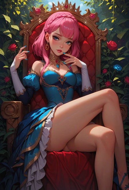 score_9, score_8_up, score_7_up, score_6_up, 
1girl, 25 years old, perfect face, cute, petite,  
dark eyes,
pink hair, crown braid, golden earrings, (crown), pendant, 
frilled dress, blue dress, pink ribbon, 
throne, sitting on throne, vines, roses, crossed legs, blue nails,
cowboy shot