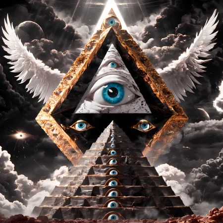 seraphins, a mystical creature with hundreds of eyes and wings with the shape of a pyramid, surrounded by 2 layers of rings full of eyes, eerie, horror, background angelic clouds, sunlight <lora:Seraphins1.0-000038:0.8>
